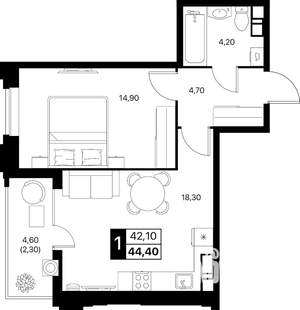 1-к квартира, строящийся дом, 44м2, 4/20 этаж