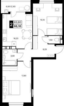 2-к квартира, вторичка, 66м2, 11/12 этаж