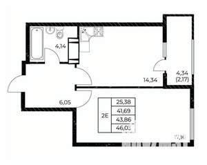 1-к квартира, строящийся дом, 46м2, 18/25 этаж