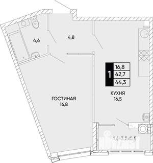1-к квартира, вторичка, 44м2, 2/22 этаж