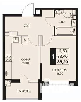 1-к квартира, строящийся дом, 35м2, 6/12 этаж