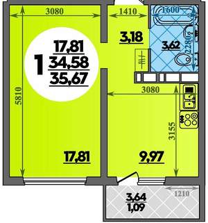 1-к квартира, вторичка, 36м2, 3/18 этаж