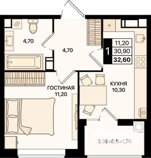 1-к квартира, вторичка, 33м2, 12/20 этаж