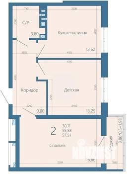 2-к квартира, строящийся дом, 57м2, 8/15 этаж
