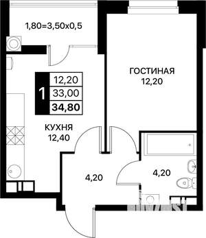 1-к квартира, строящийся дом, 35м2, 11/12 этаж