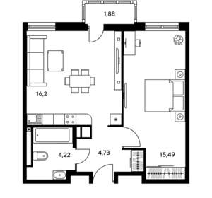2-к квартира, вторичка, 42м2, 9/25 этаж