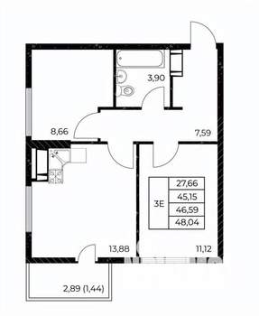 2-к квартира, строящийся дом, 48м2, 18/25 этаж
