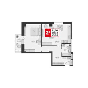 2-к квартира, строящийся дом, 62м2, 6/22 этаж