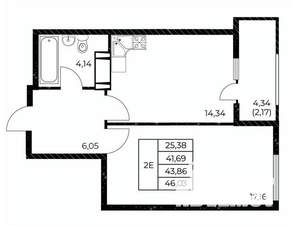 1-к квартира, вторичка, 46м2, 8/25 этаж