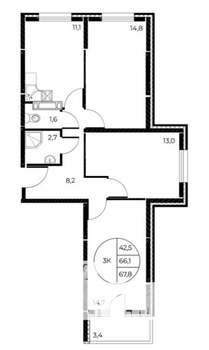 3-к квартира, строящийся дом, 68м2, 7/25 этаж