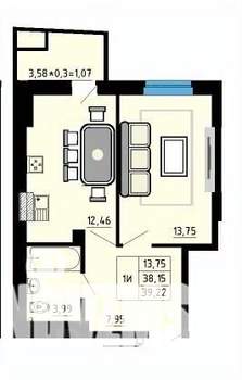 1-к квартира, вторичка, 39м2, 20/25 этаж
