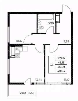 2-к квартира, вторичка, 48м2, 7/25 этаж