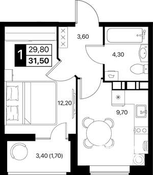 1-к квартира, вторичка, 32м2, 3/12 этаж