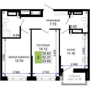 2-к квартира, вторичка, 54м2, 25/25 этаж