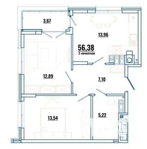 2-к квартира, строящийся дом, 56м2, 3/4 этаж