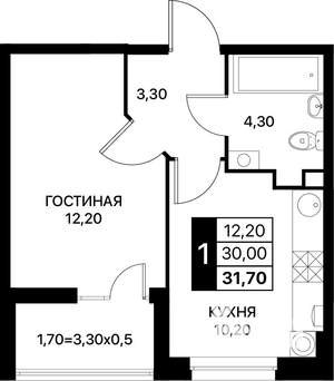 1-к квартира, вторичка, 32м2, 2/12 этаж