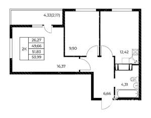 2-к квартира, вторичка, 54м2, 16/25 этаж