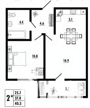 2-к квартира, вторичка, 41м2, 9/16 этаж