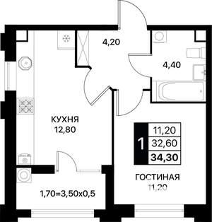 1-к квартира, вторичка, 34м2, 2/12 этаж