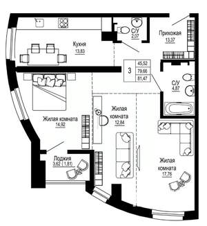 3-к квартира, строящийся дом, 81м2, 3/27 этаж