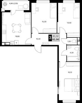 3-к квартира, вторичка, 83м2, 8/12 этаж