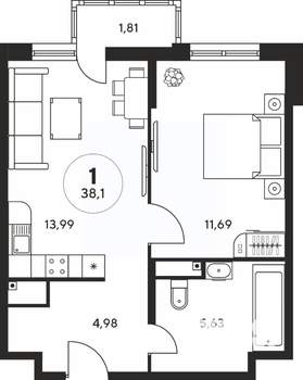 1-к квартира, вторичка, 38м2, 20/25 этаж