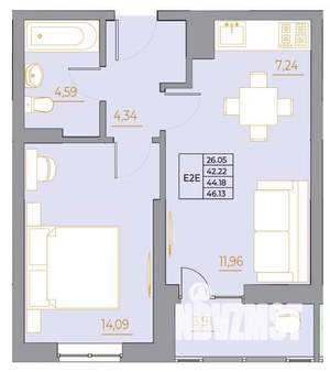 2-к квартира, строящийся дом, 46м2, 17/22 этаж