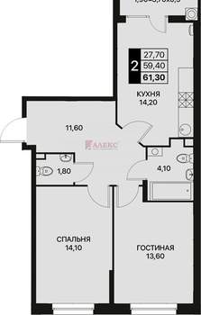 2-к квартира, вторичка, 61м2, 9/12 этаж