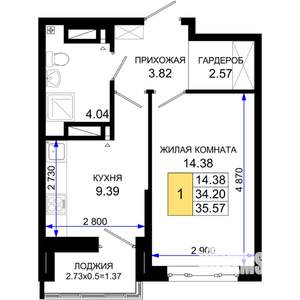 1-к квартира, вторичка, 36м2, 21/25 этаж