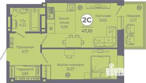 2-к квартира, вторичка, 47м2, 2/24 этаж