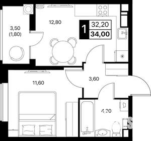 1-к квартира, вторичка, 34м2, 8/12 этаж