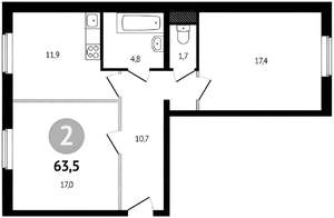 2-к квартира, вторичка, 63м2, 1/14 этаж