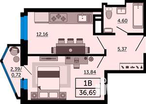 1-к квартира, строящийся дом, 37м2, 19/24 этаж