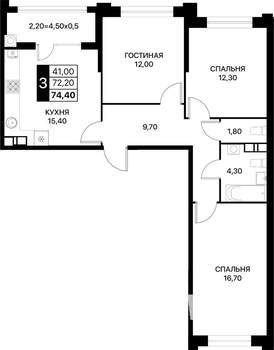 3-к квартира, вторичка, 74м2, 11/12 этаж
