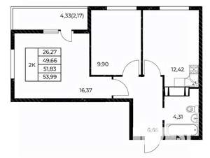 2-к квартира, вторичка, 54м2, 18/25 этаж