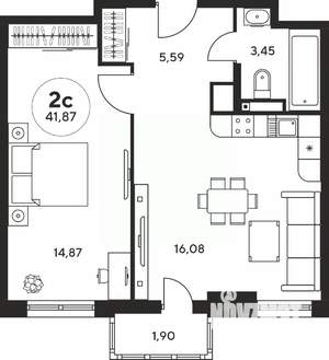 2-к квартира, вторичка, 42м2, 8/25 этаж