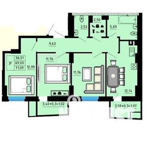 3-к квартира, строящийся дом, 70м2, 21/25 этаж