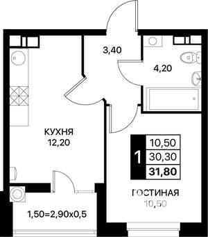 1-к квартира, строящийся дом, 32м2, 9/12 этаж