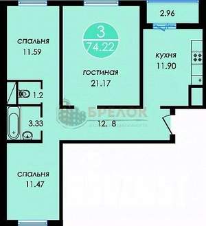3-к квартира, вторичка, 74м2, 9/19 этаж