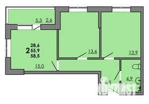 2-к квартира, вторичка, 59м2, 2/16 этаж