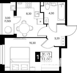 1-к квартира, вторичка, 33м2, 2/12 этаж