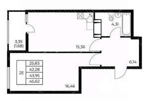 1-к квартира, строящийся дом, 46м2, 8/25 этаж