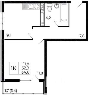 1-к квартира, вторичка, 35м2, 4/19 этаж