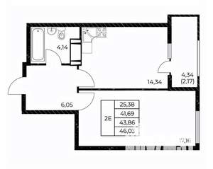 1-к квартира, строящийся дом, 46м2, 23/25 этаж