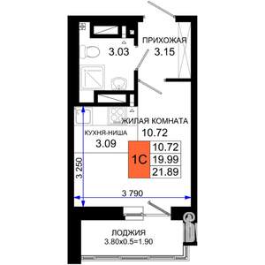 1-к квартира, строящийся дом, 22м2, 11/25 этаж