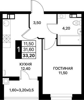 1-к квартира, строящийся дом, 33м2, 3/12 этаж