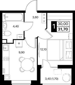 1-к квартира, вторичка, 32м2, 2/12 этаж