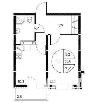 1-к квартира, строящийся дом, 36м2, 13/25 этаж