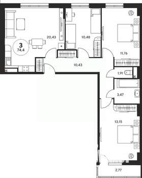 3-к квартира, вторичка, 74м2, 24/25 этаж