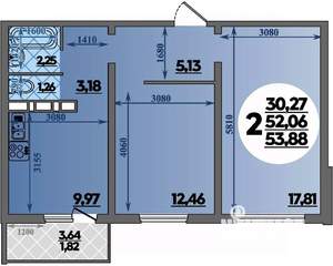 2-к квартира, вторичка, 54м2, 2/17 этаж